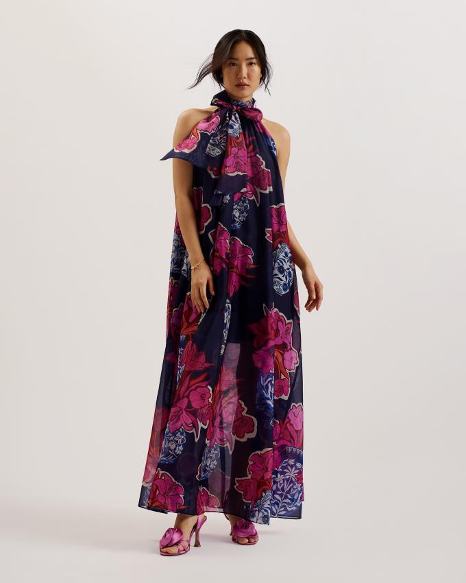 Peignoir Ted Baker Tie Neck Printed Flowy Maxi Bleu Foncé Femme | RTU-42296108